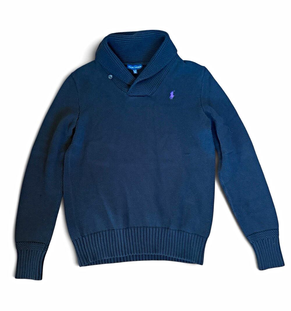Ralph Lauren Shawl Collar Sweater XL Navy Blue Cotton Purple Pony Pullover
